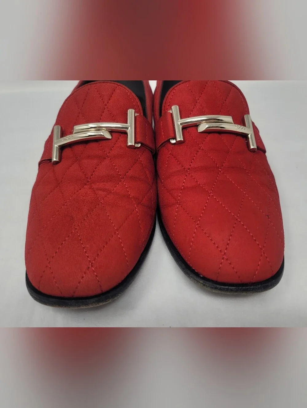 Tod's Womens Red Quilted Suede Leather Slip On Flats Loafers Shoes Italy 37 US 7
